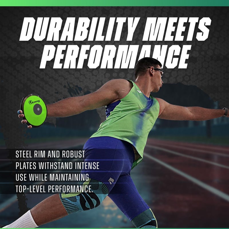 4THROWS Store Low Spin Competition Discus for Track & Field, High School, College, Men & Women — 70% Rim Weight, IAAF World Athletics Certified with Free Carry Bag, Neon Green and Black - Image 3